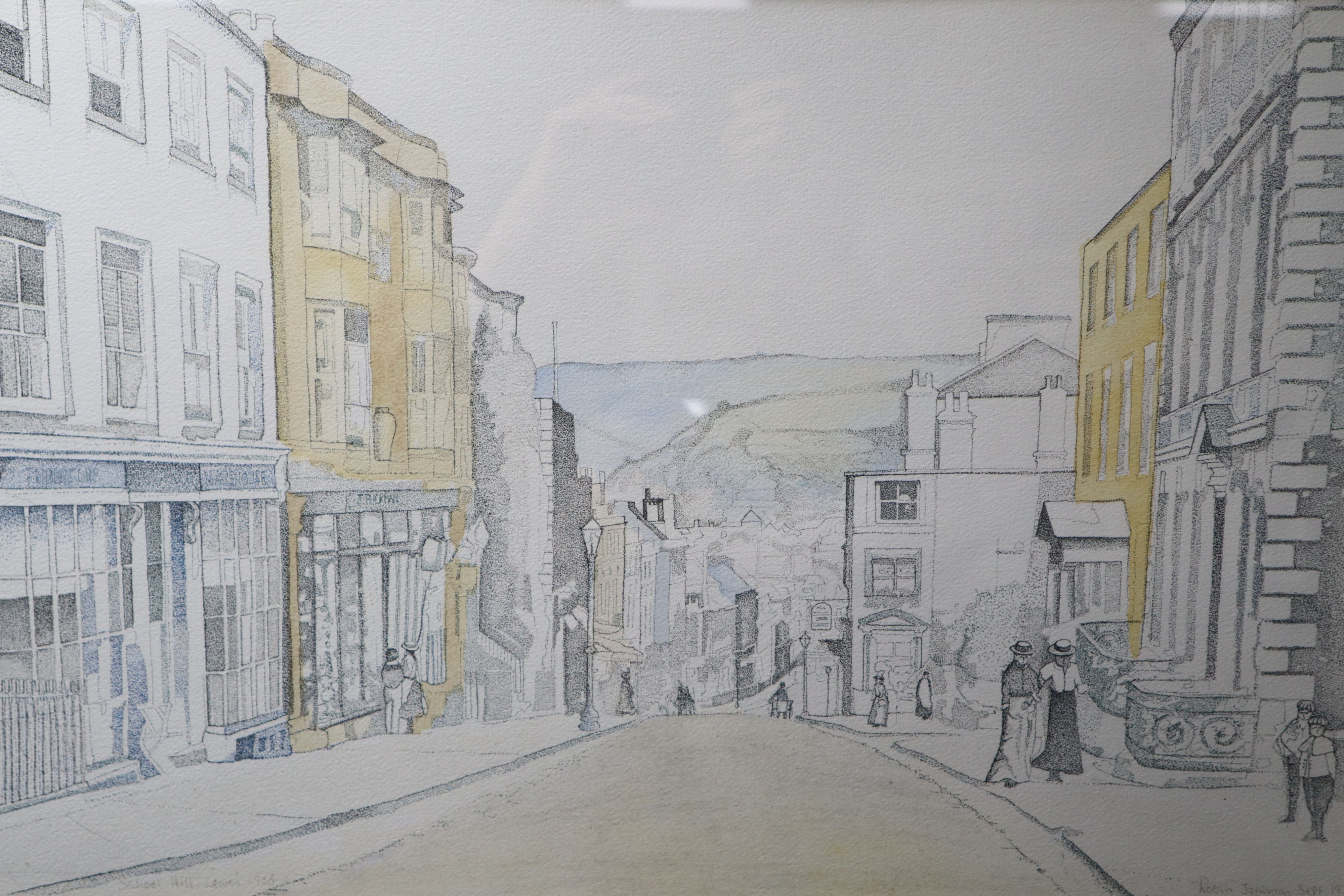 Robin Johnson, a stipple pencil and watercolour wash drawing of School Hill, Lewes as in 1905, signed, dated, Sept. 1974